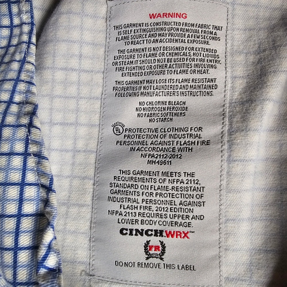 Cinch WRX Mens Large FR Flame Resistant Shirt Blue White Grid HRC-2 NFPA 2112 - Picture 8 of 10
